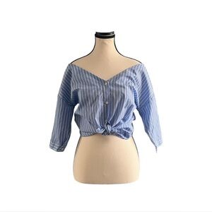 Fashion Nova Blue Tie Front Off-Shoulder Blouse
